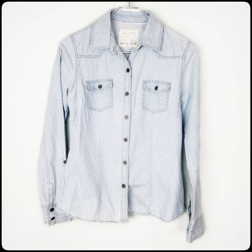 GIRL KRAZY Chambray & White Petal Classic Fit Western Style Button Down Shirt Sm